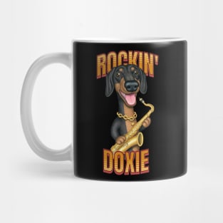 Fun Doxie Dog playing sax on Rockin Doxie tee Mug